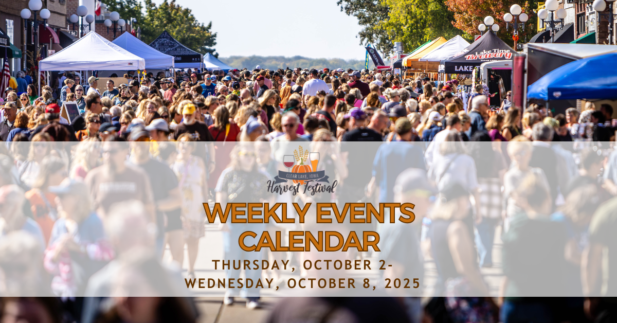 Clear Lake Harvest Festival logo and downtown crowd and farmers market