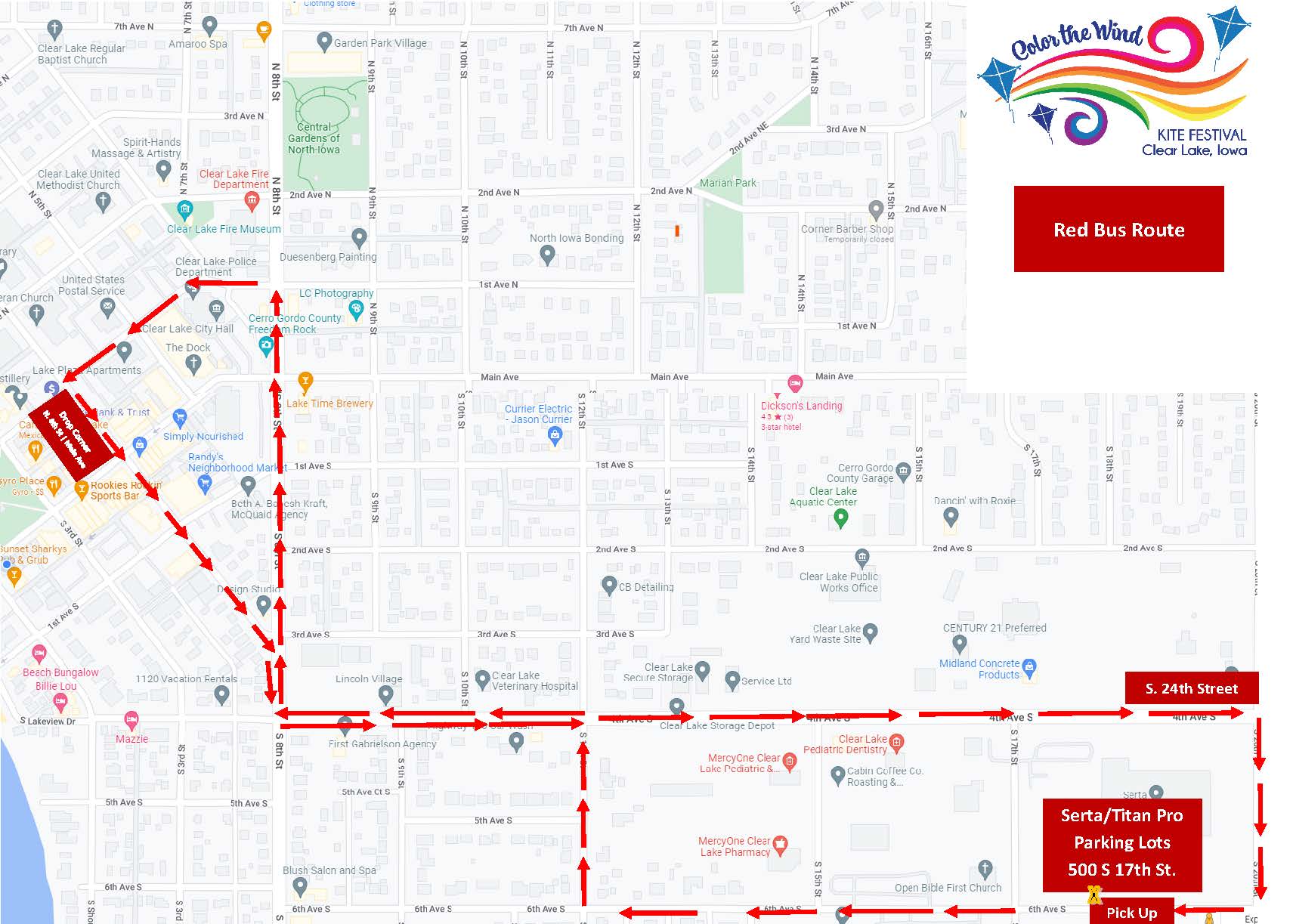 Bus route from Serta to downtown for Color the Wind