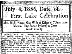 1856 Fourth of July celebration Clear Lake Iowa newspaper clipping