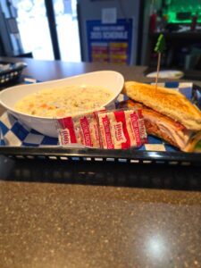 Half club sandwich and chicken wild rice soup from Lake Pin and Play