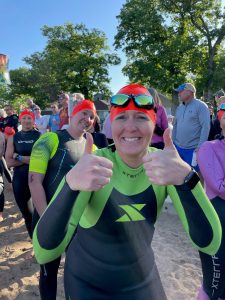 Rachel preparing for the swim start at TRI Clear Lake in Clear Lake, Iowa.