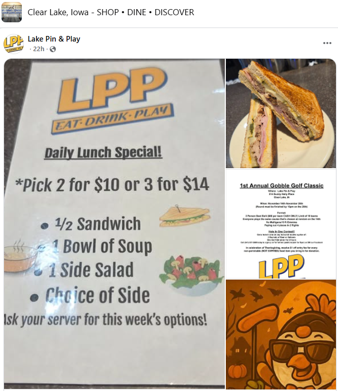 Lake Pin & Play lunch specials