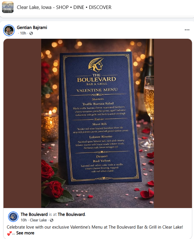 The Boulevard Valentine's Menu
